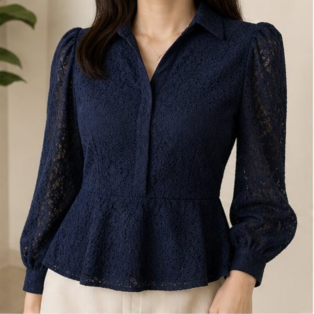 Navy Lace Trim Top - Picture 2 of 6